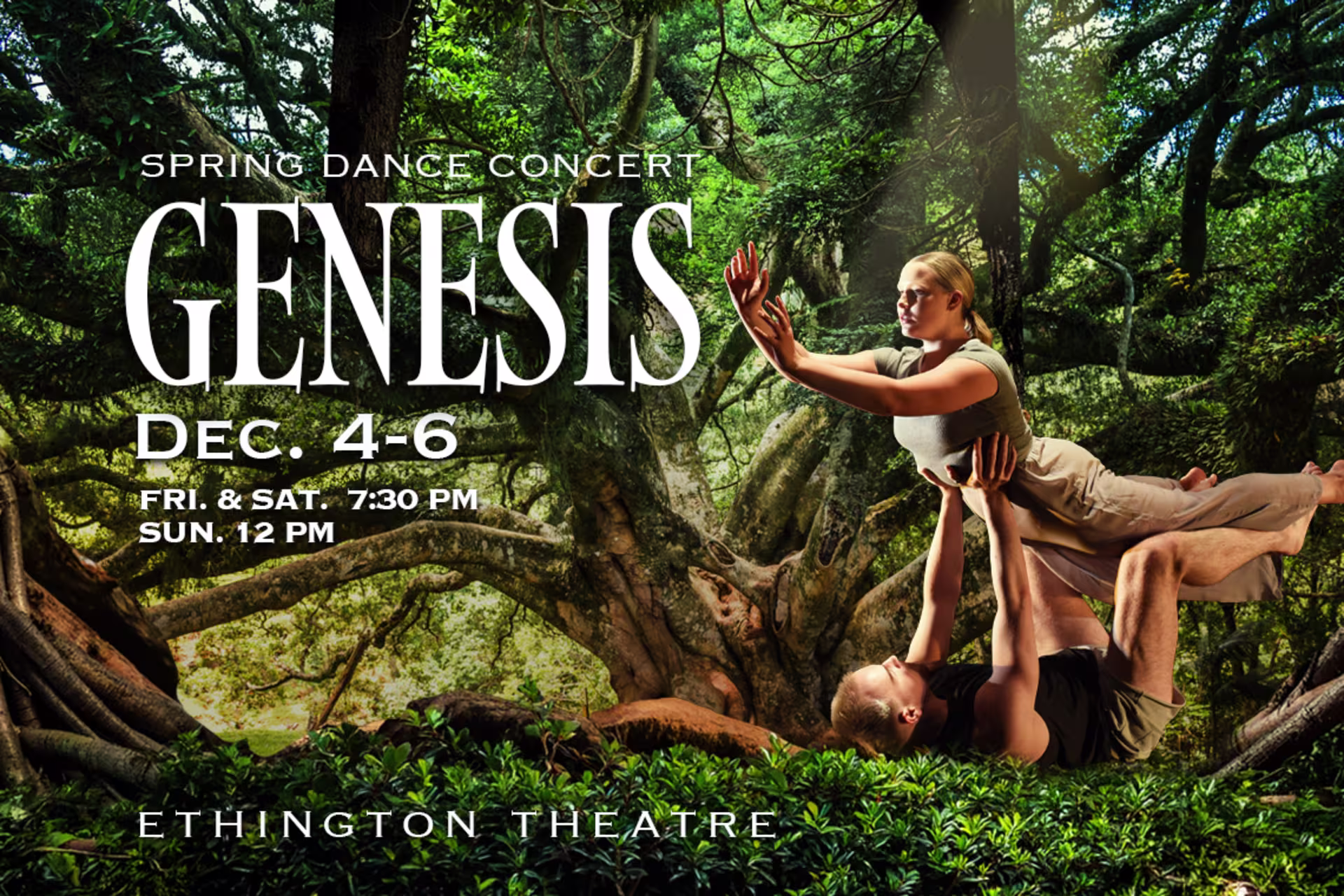 Genesis spring dance concert poster featuring two dancers performing a lift in a forest.