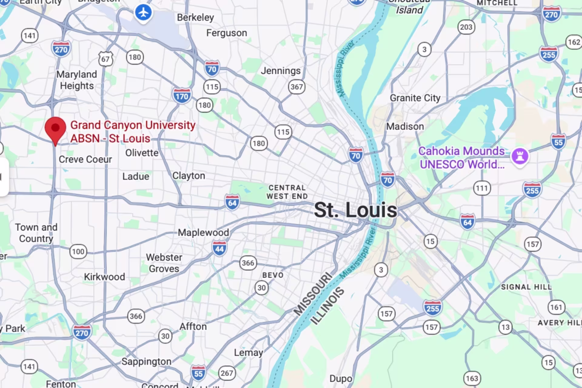 A Google Business Profile map view depicts St. Louis, showing the ABSN learning site with a red map pin.