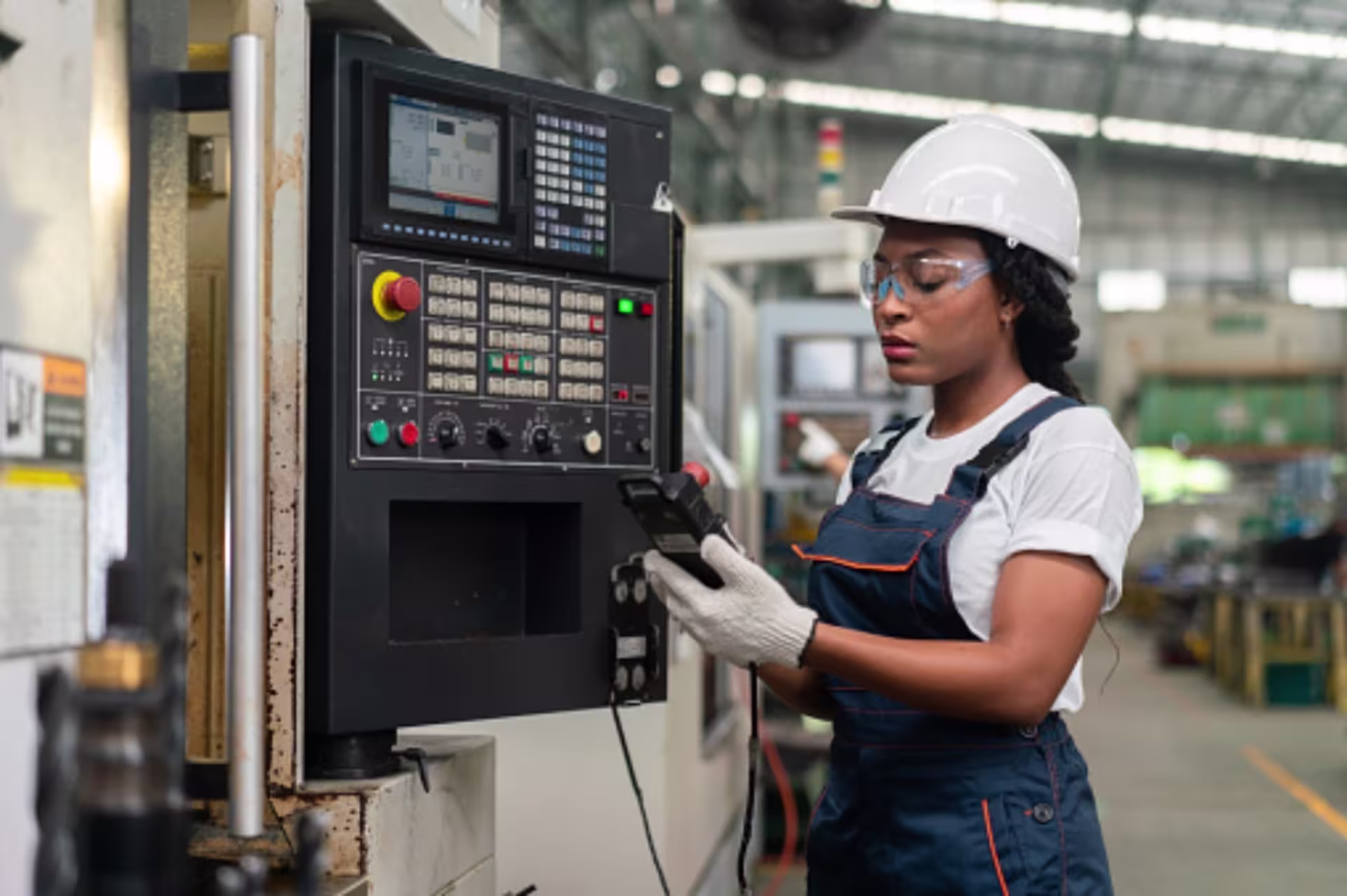 Female engineering master’s student operating CNC machine in manufacturing lab.