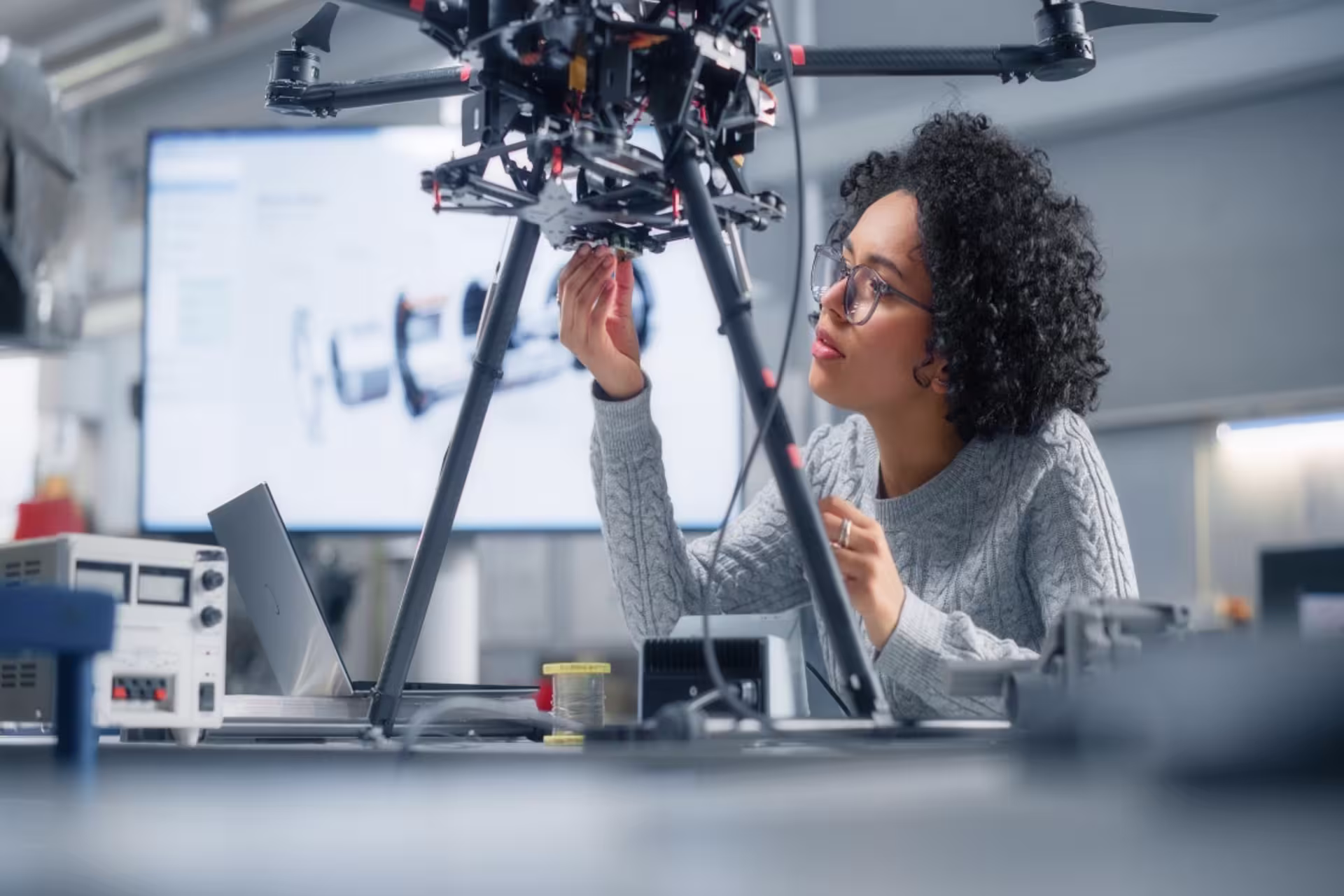 Female mechanical engineer adjusting a drone in a robotics lab.