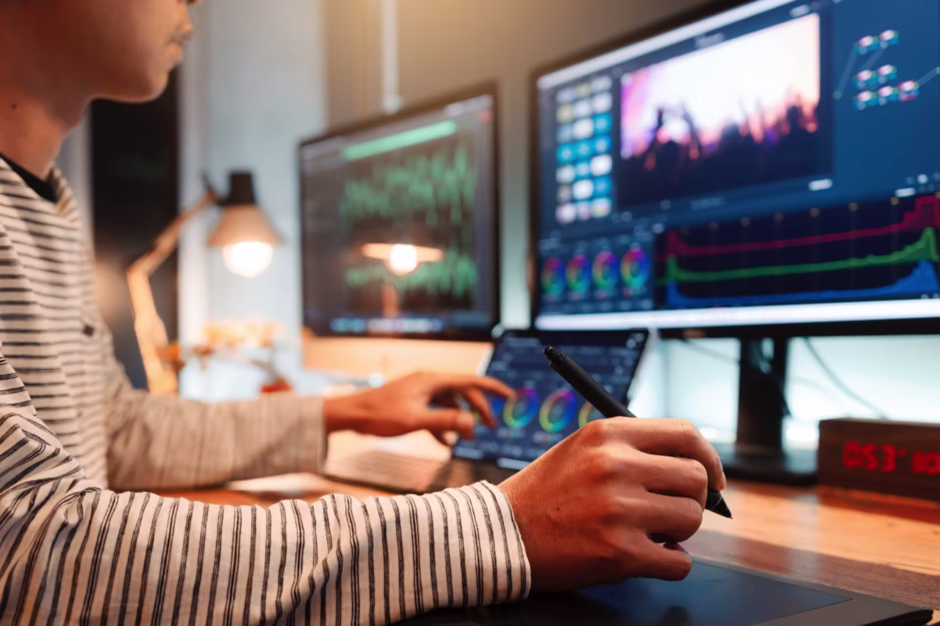 A video editor color grades footage across multiple monitors.