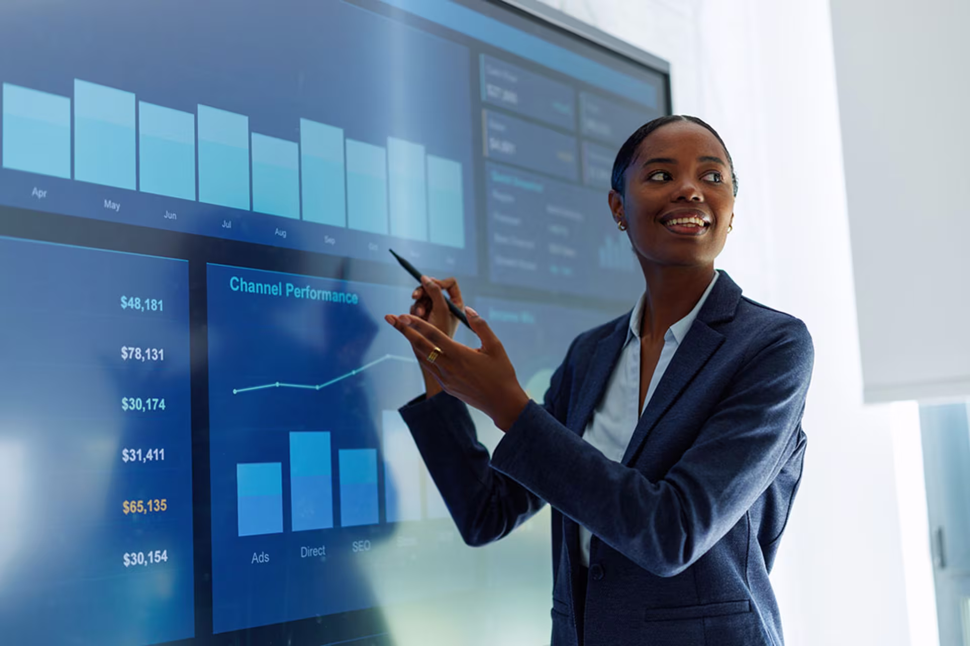 Business professional presenting marketing analytics and channel performance data on a digital dashboard.