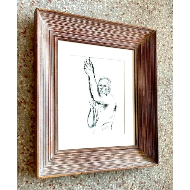 Vintage Figurative Sketch in Wooden Frame - Side view