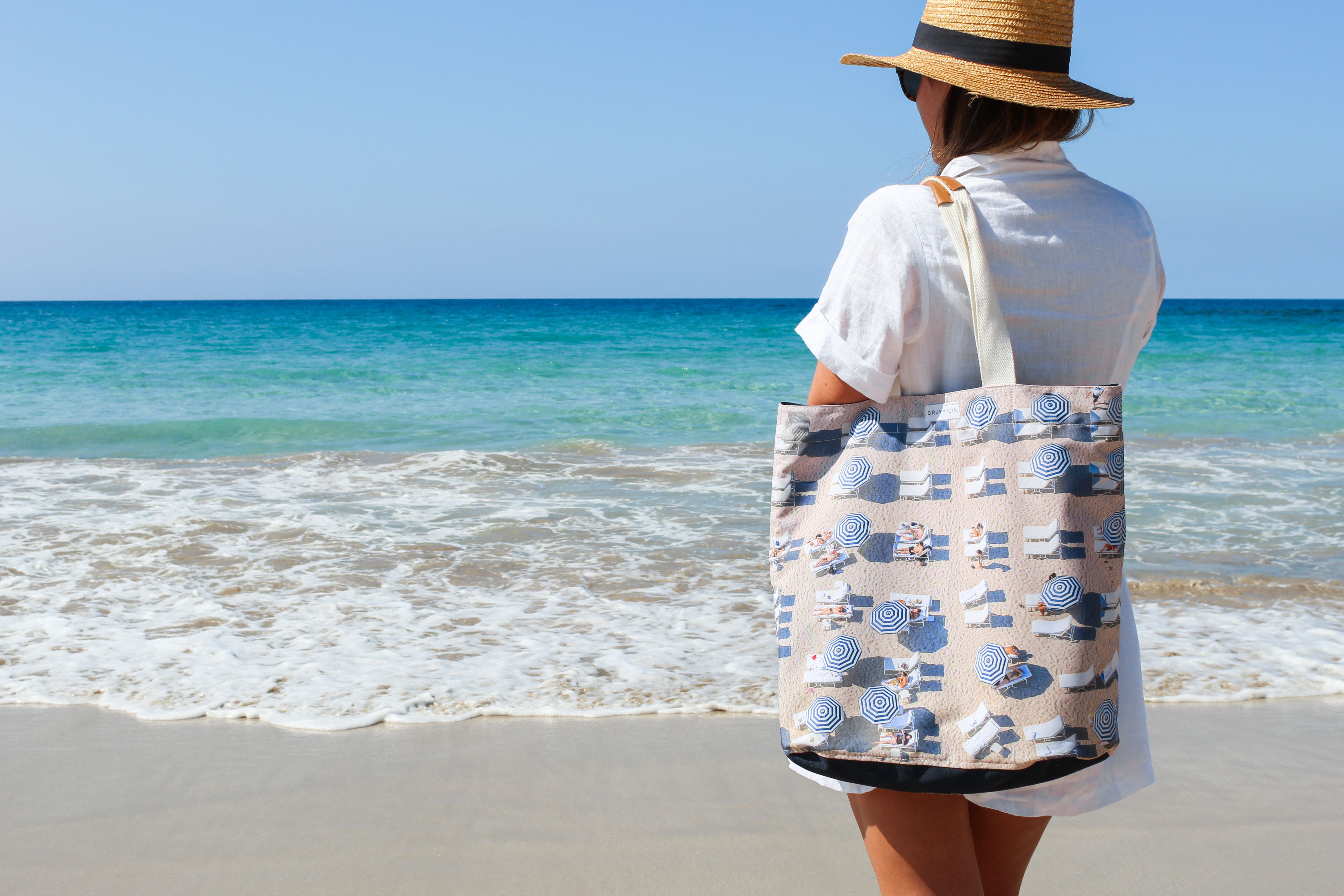 Navy Striped Umbrellas Tote Bag