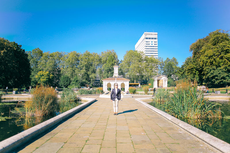 Gray Malin in Huntsman Savile Row at the Italian Gardens in London