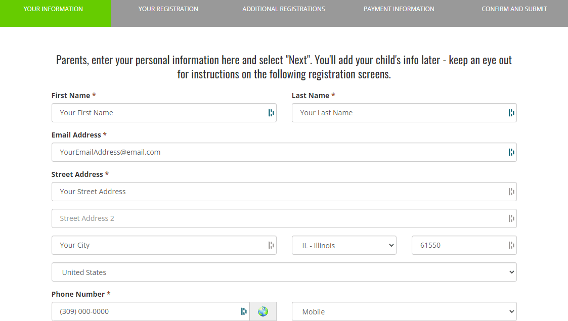 Enter your basic information: Name, Email, Mailing Address, Phone Number.