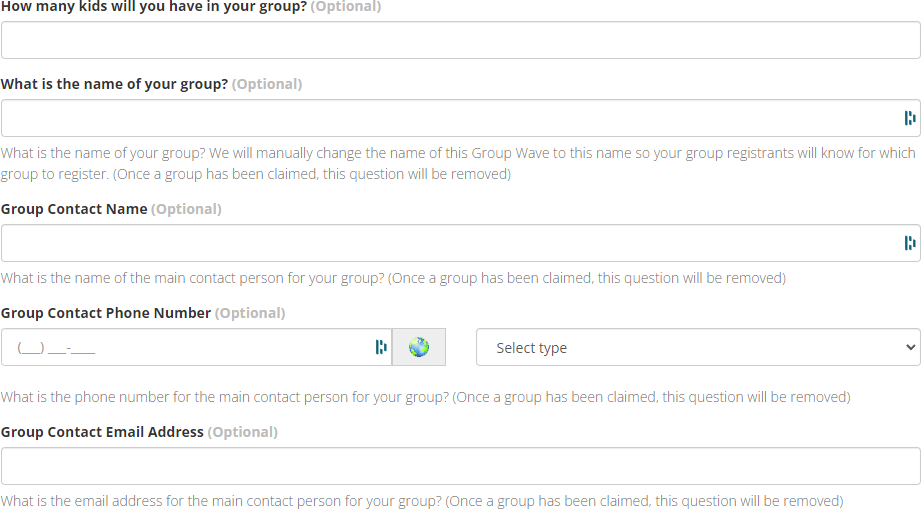 If you're a group, enter the group information: Number of children, Group Name, Contact Name, Phone Number, and Email address.