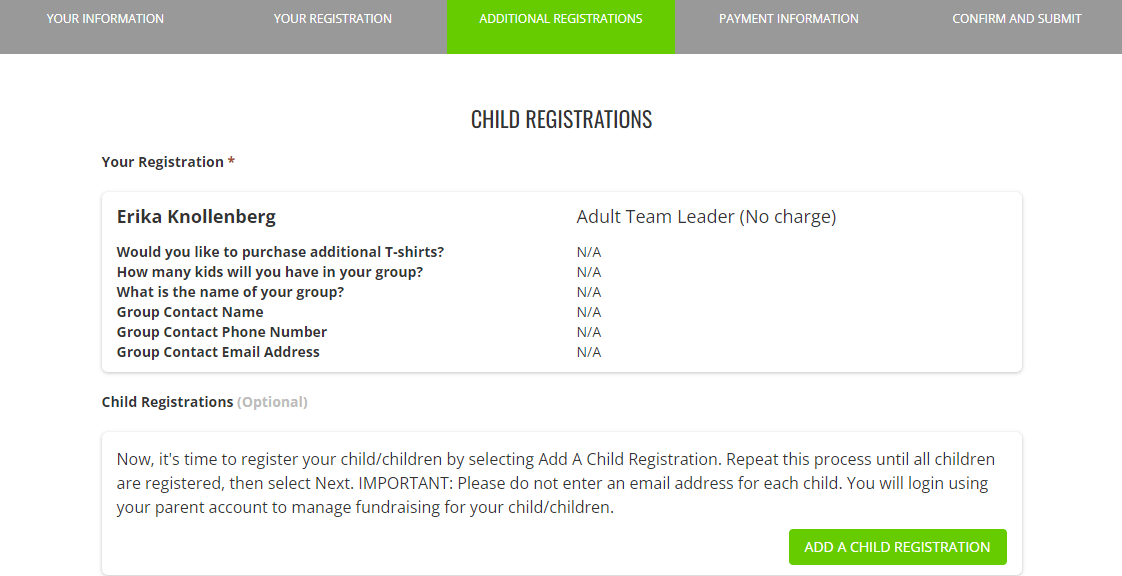 Review your information and then add a child registration using the 'Add A Child Registration' button.