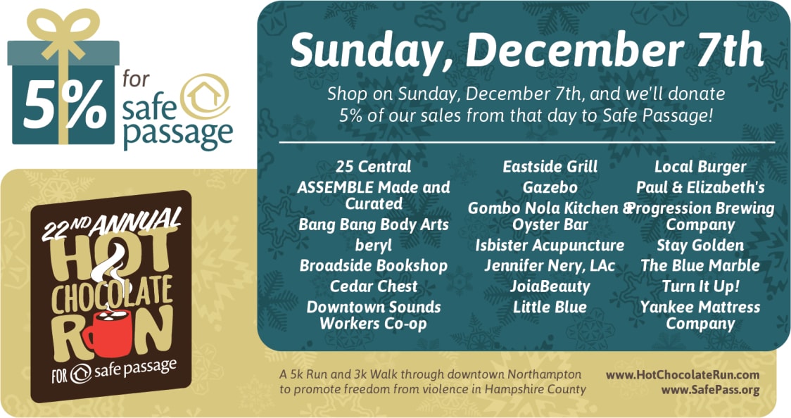 Shop on Sunday December 7th and participating retailers will donate 5% of sales to Safe Passage!