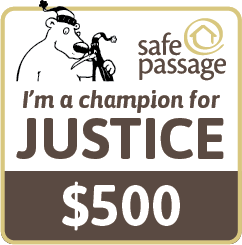 A bib Shaped badge reads I am a champion for Justice - $500