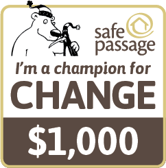 A bib Shaped badge reads I am a champion for Change - $1000