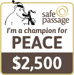 A bib shaped badge reads I am a champion for Peace - $2500