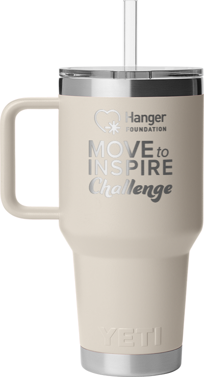 Personalized cream YETI tumbler with Hanger Foundation Move to Inspire Challenge engraving