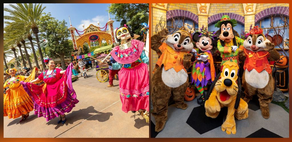 People dressed in colorful costumes performing outdoors and group of costumed characters including Mickey Mouse Minnie Mouse Pluto and Chip and Dale standing in front of a Halloween-themed background