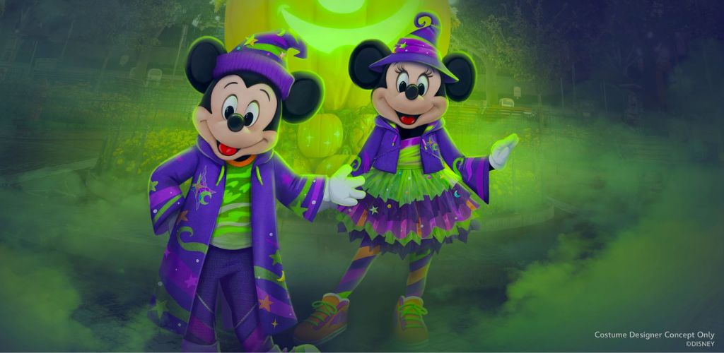 Disney characters dressed as witches in colorful costumes with green glow and fog effects for a festive celebration.