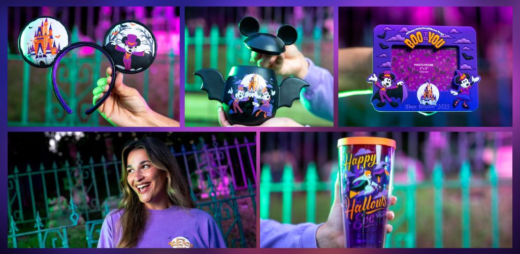 People enjoy Disney themed Halloween accessories and photo opportunities at a spooky haunted attraction.