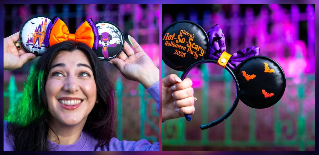 Girl smiling and holding Halloween-themed Mickey Mouse ears headbands with orange and purple decorations