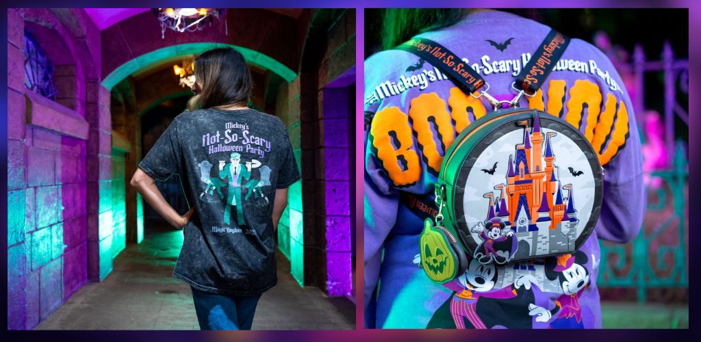 Person wearing a Halloween themed shirt with a castle and characters at a colorful spooky venue holding a matching bag and pumpkin accessory