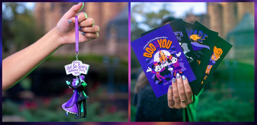 A hand holds a Halloween party keychain featuring Disney villains, and another hand displays four colorful Halloween party flyers with spooky and fun designs.