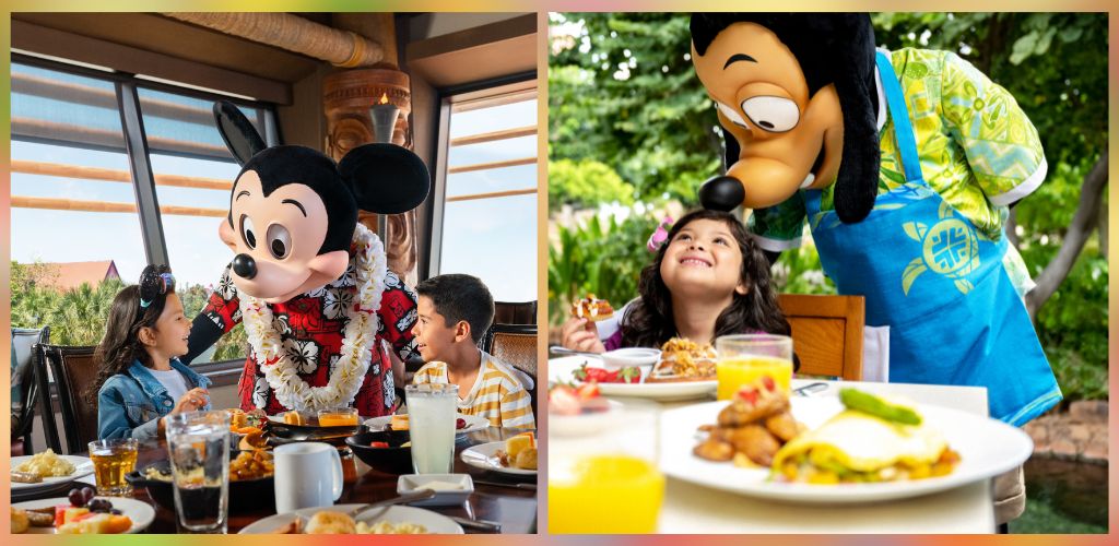Two images of children interacting with Mickey Mouse characters at a Disney themed location, enjoying food and happy moments outdoors and indoors.