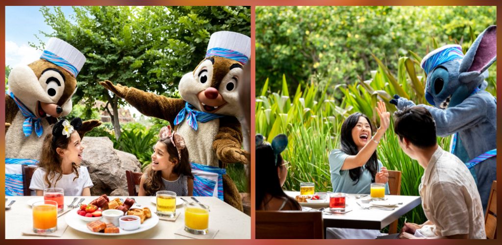 People enjoying a meal outdoors with two characters in costumes, one resembling a chipmunk and the other a bunny, entertaining a group of happy guests at a table.