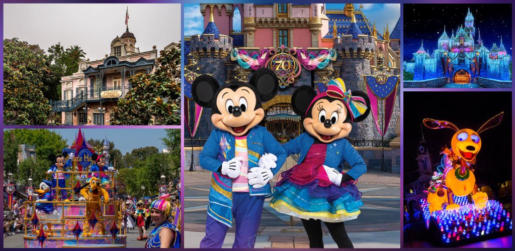 Disney characters Mickey and Minnie Mouse in front of a colorful castle at a theme park surrounded by bright lights and festive decorations.