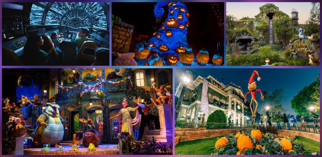 Theme park attractions including a spaceship ride, Halloween decorations, a nature area, a musical stage, and a festive pumpkin display with characters and seasonal decor