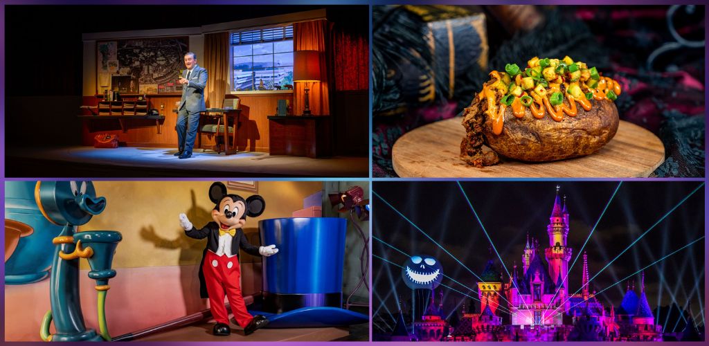 A performer on stage, a loaded baked potato, Mickey Mouse in a themed exhibit, and a brightly lit castle scene from a Disney park at night
