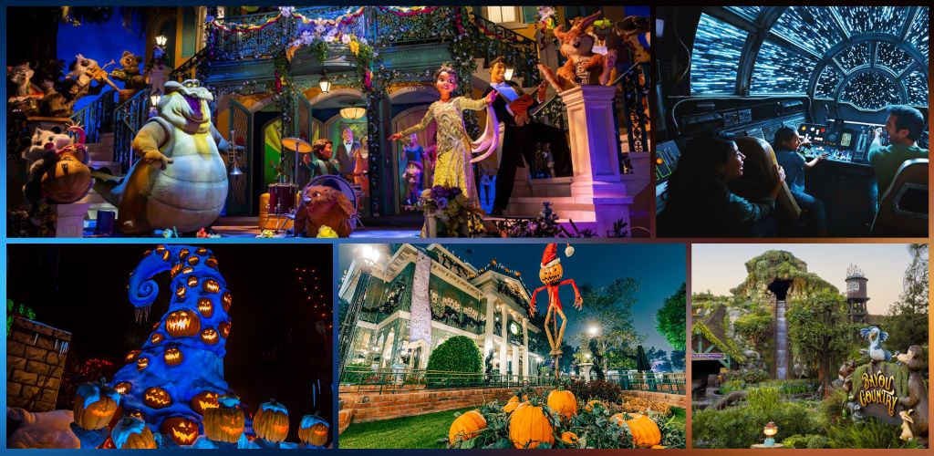 A collage of Halloween-themed scenes from funex.com including character performances, a themed indoor attraction, a large pumpkin decoration, a spooky outdoor display, and an amusement park with festive decor.