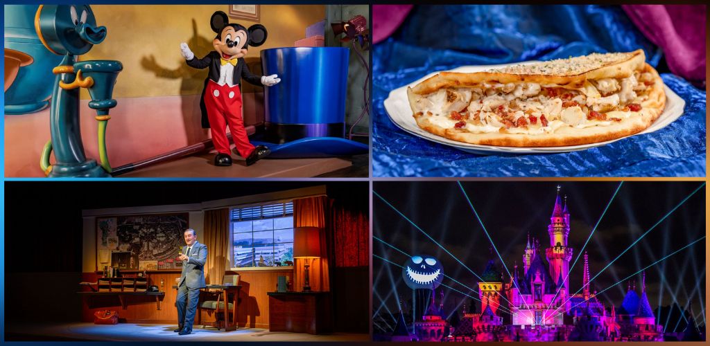 Four images showing a Disney park with Mickey Mouse, a pizza on a blue cloth, a person performing on stage, and a colorful castle with nighttime lights.