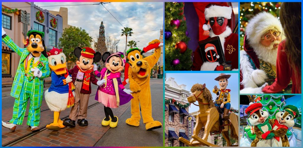 Group of people dressed as Disney characters including Mickey Mouse, Minnie Mouse, Pluto, and Goofy celebrating Christmas at a theme park with festive decorations and holiday attire.