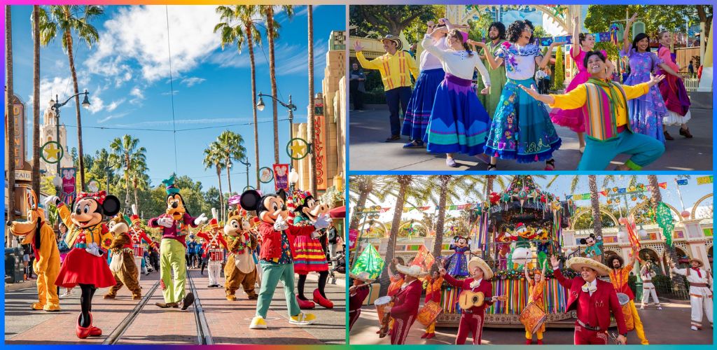 People in colorful costumes dancing and celebrating at a lively theme park with a castle and parade floats.