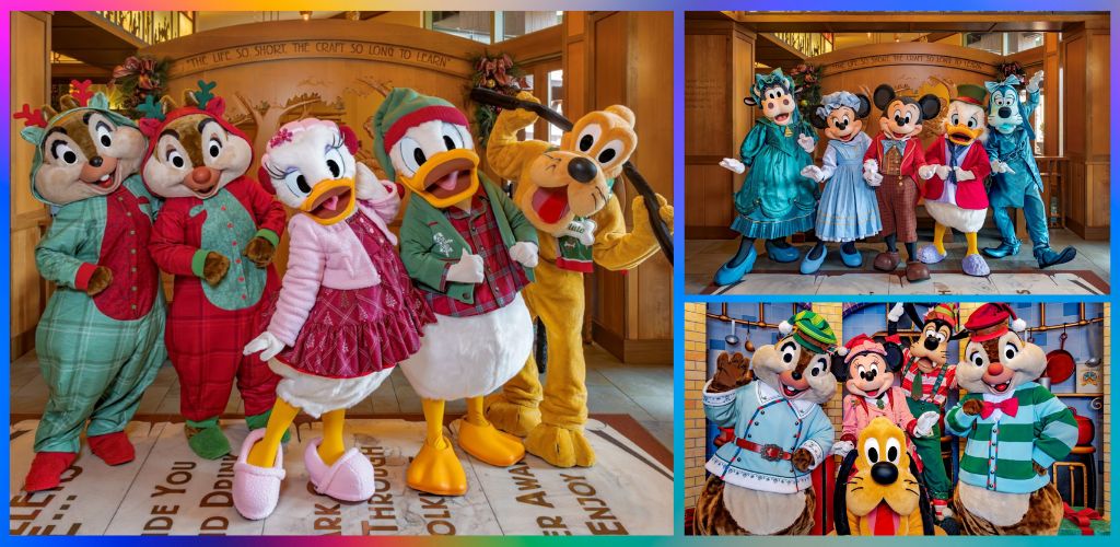 Costumed Disney characters including Mickey, Minnie, Donald, Daisy, Goofy, and Pluto pose together indoors during a festive event at Funex.
