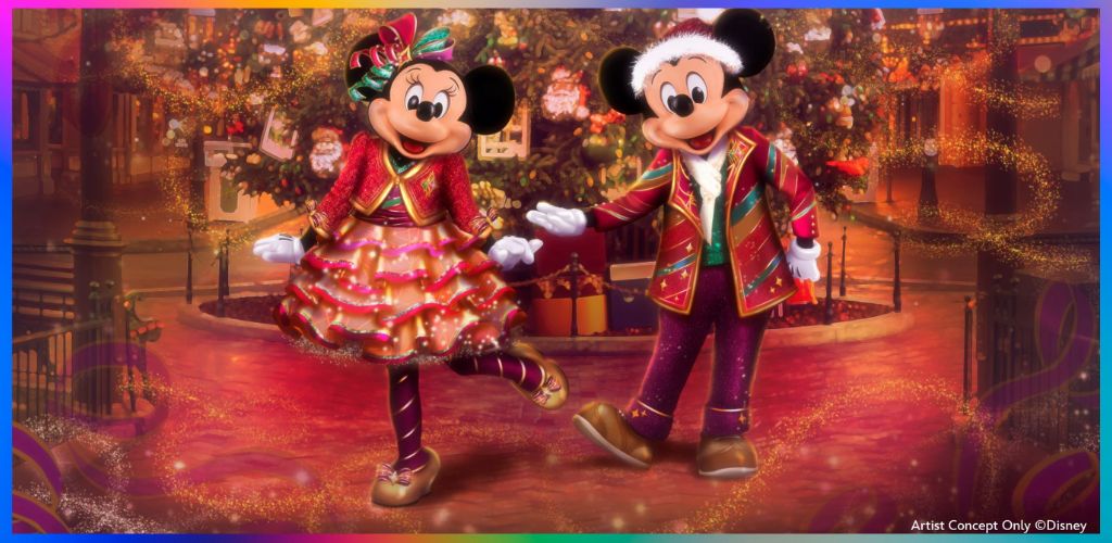 Minnie and Mickey Mouse dressed in festive holiday outfits walk on a decorated, glowing street with a Christmas tree and lights in the background.