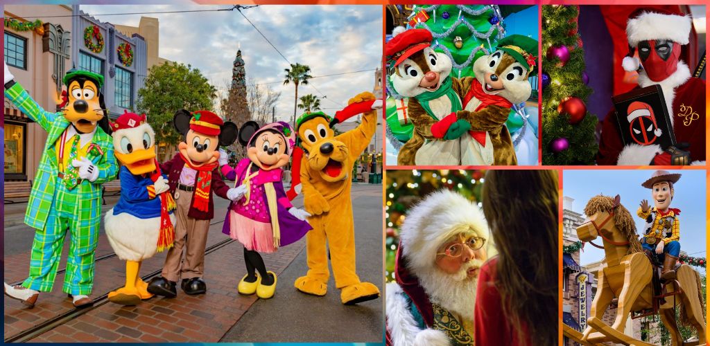 Group of people in colorful costumes and holiday outfits with Christmas decorations and theme park scenery.