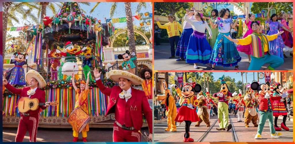 People enjoying a colorful parade with characters, dancers, and musicians at a lively theme park celebration. Bright costumes and festive atmosphere fill the scene.