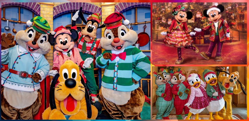 Group of Disney characters including Mickey Mouse, Minnie Mouse, and friends posing in festive holiday costumes and settings.