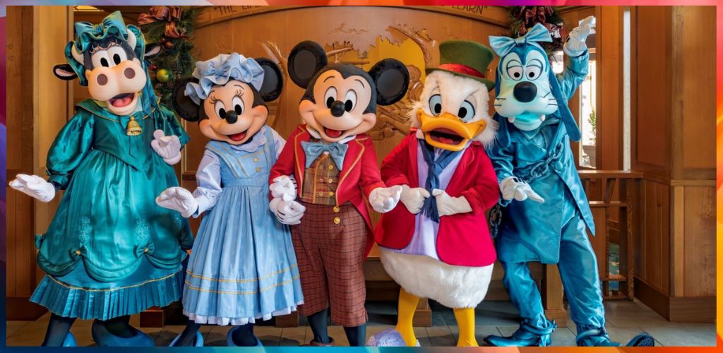 Five people dressed in colorful Disney character costumes including Minnie Mouse, Daisy Duck, Mickey Mouse, Donald Duck, and Goofy standing indoors with a festive background.