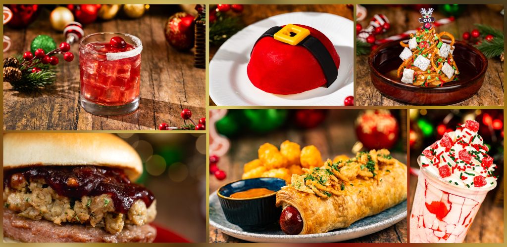 A collage of festive food and drinks including a red holiday cocktail, a Christmas pudding cake, a decorated gingerbread tree, a burger, a holiday-themed burrito, and a peppermint milkshake.