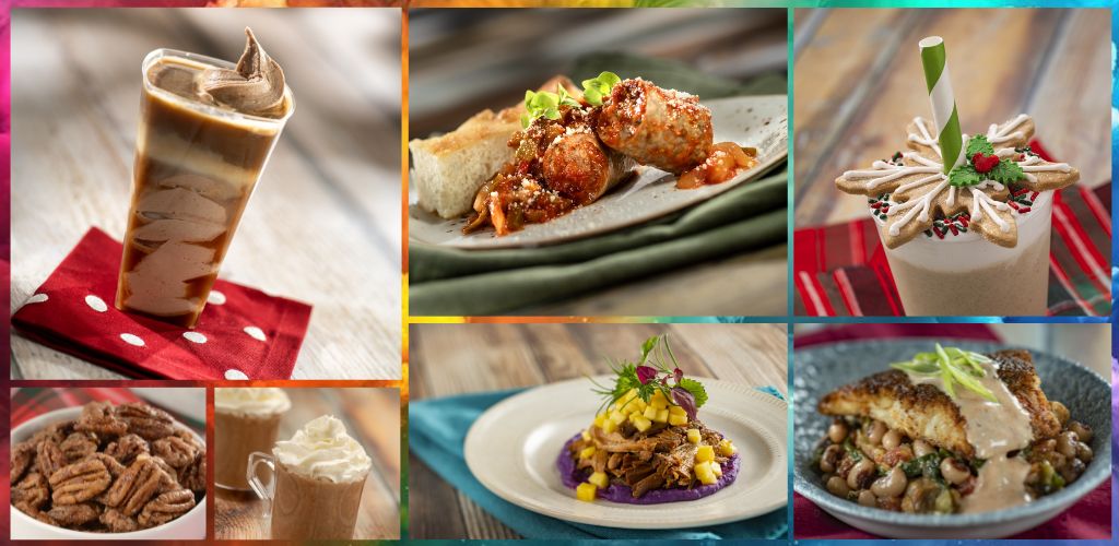 A variety of desserts and savory dishes including a milkshake, meatballs, a decorated holiday drink, pecan pie, a sweet potato dish, and a baked fish meal.