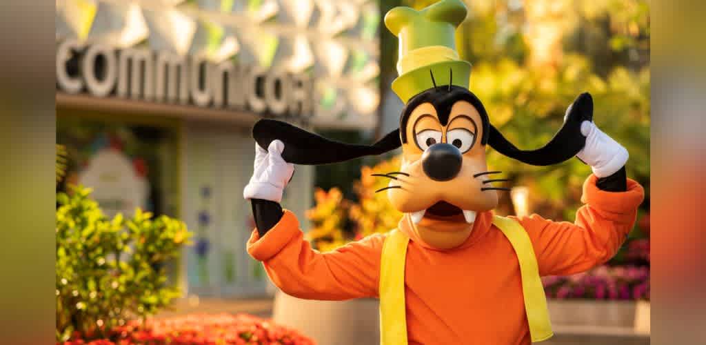 Costumed character of Goofy holding his ears outdoors with colorful plants and a sign in the background
