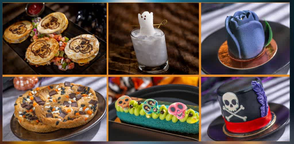 Six desserts and a beverage themed for Halloween are displayed on a dark surface.