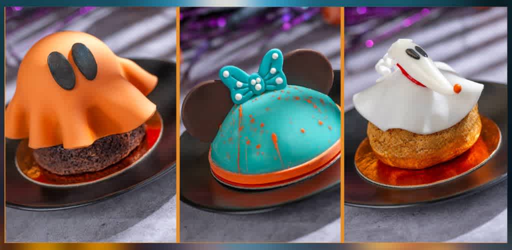 Three decorated Halloween-themed pastries on separate plates featuring a ghost, a mouse, and a friendly ghost character