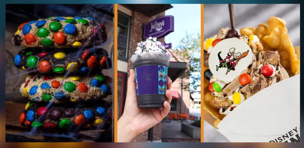 Three images of colorful desserts and treats including cookies with M&M's, a hand holding a cupcake with sprinkles outside, and a Mickey Mouse-themed ice cream cone.
