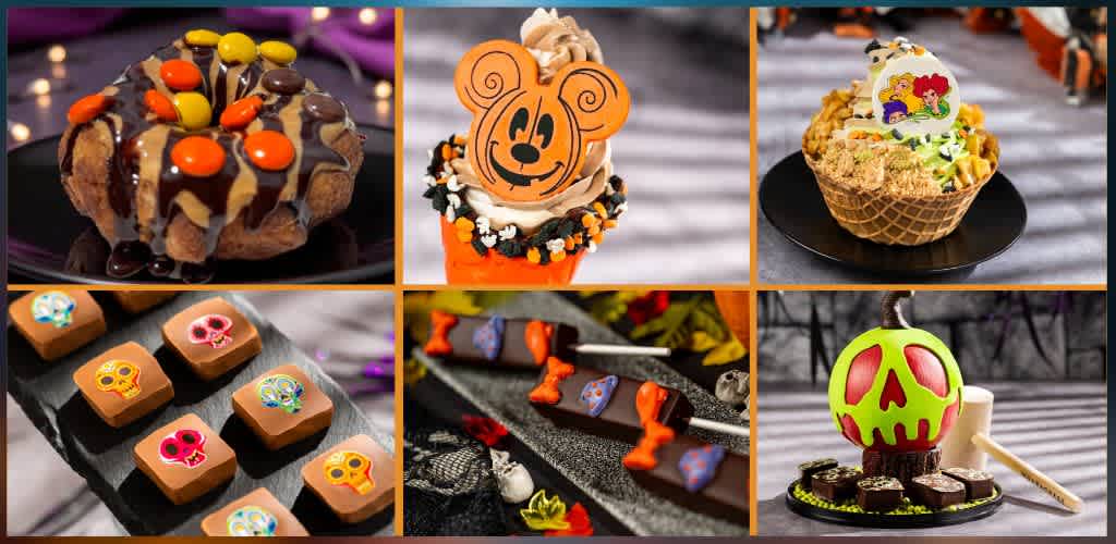 A variety of Halloween-themed treats including a decorated cupcake with orange jack-o'-lantern face, a cupcake with Disney princess toppers, decorated sugar cookies, pumpkin-shaped chocolates, and candy skull chocolates.