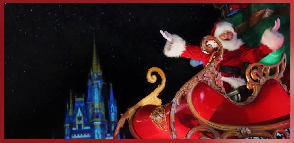 Santa Claus riding in a sleigh at night with a castle illuminated in the background