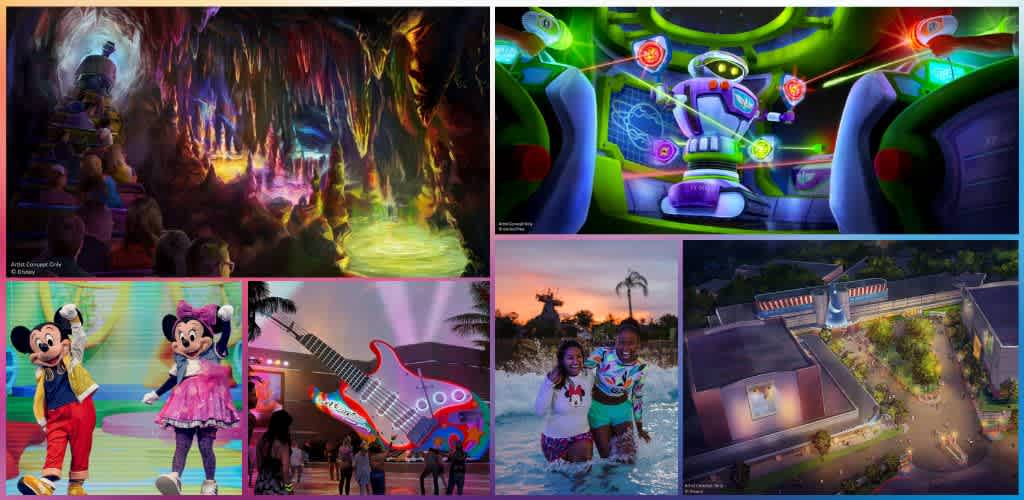 Colorful images of indoor entertainment attractions, characters, and outdoor scenes at a theme park for family fun.
