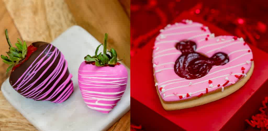 The image shows two chocolate-covered strawberries on the left, one drizzled with pink icing and the other with white. On the right, there is a heart-shaped cookie with pink icing and white drizzle, featuring a dark chocolate design. The treats are presented on a light and dark background, creating a playful contrast.