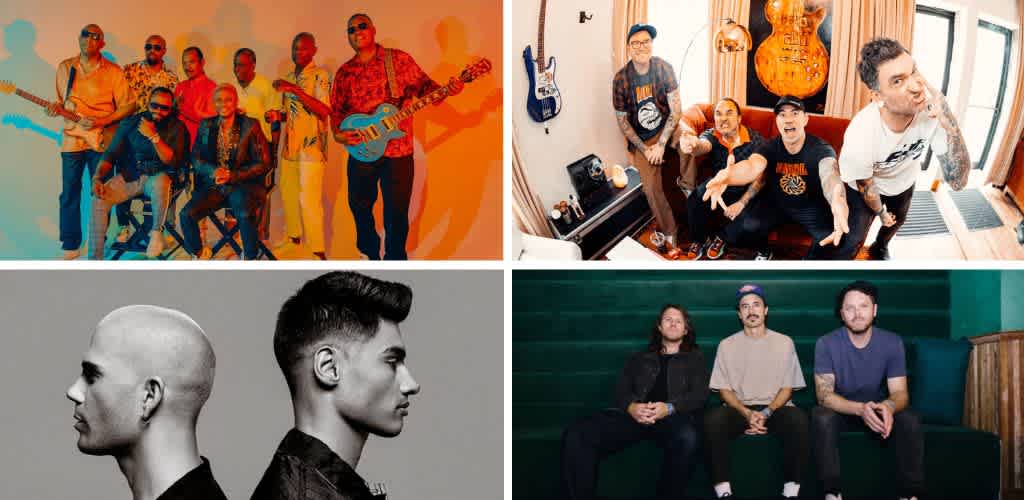 Group of musicians and band members in colorful and casual settings with guitars and musical instruments.