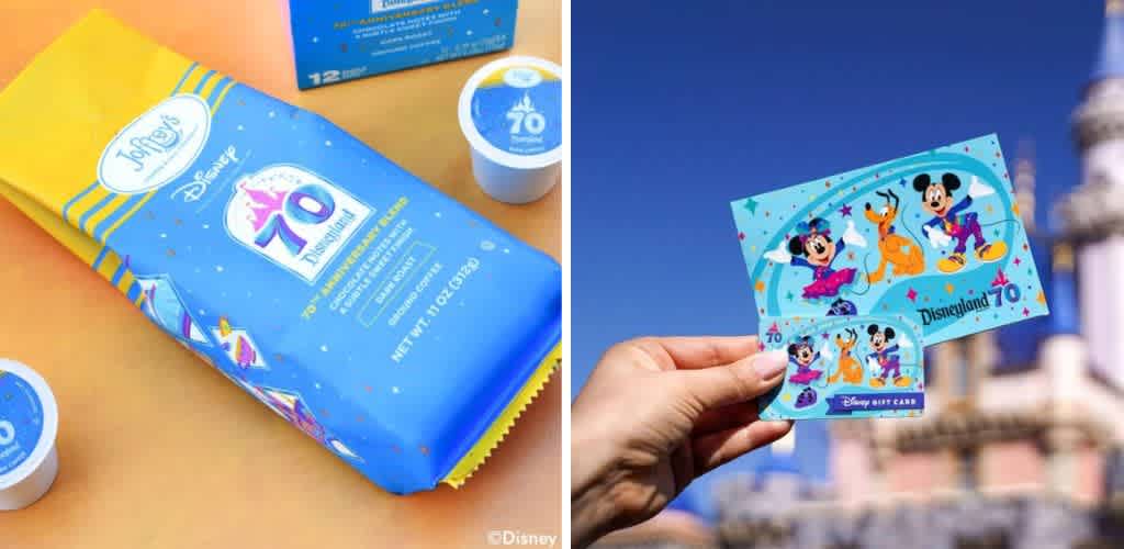This image showcases a celebration of Disneyland’s 70th anniversary. On the left, there's Joffrey's coffee packaging in blue and yellow with the anniversary logo, alongside coffee pods. On the right, a hand holds a Disneyland-themed gift card and card featuring iconic animated characters. The background shows a blurred view of a castle, enhancing the festive theme.